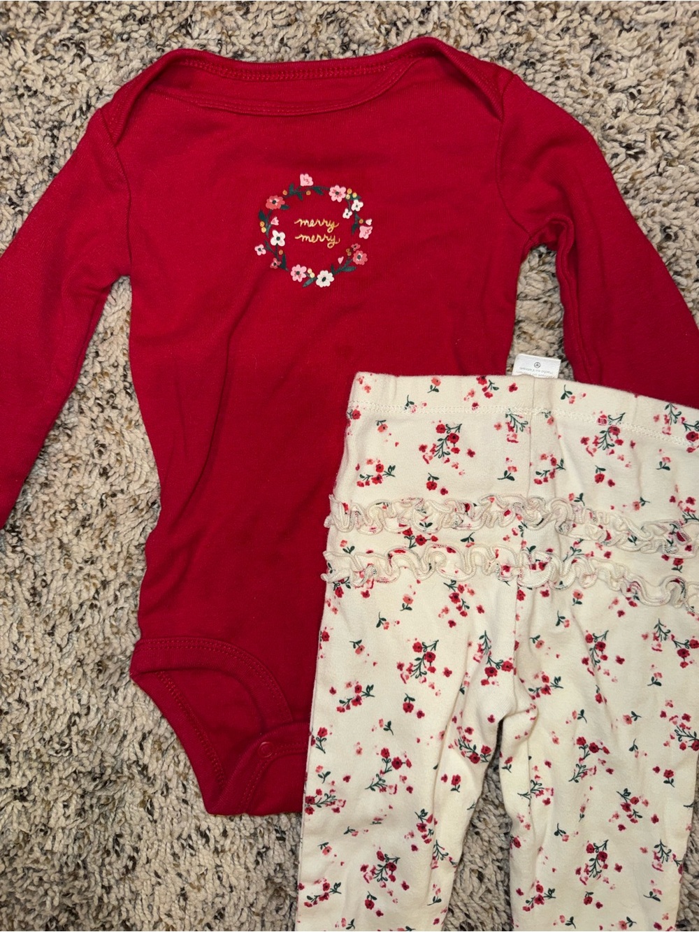 Carter's Red Long-Sleeve Onesie with Cream Floral Ruffle Leggings